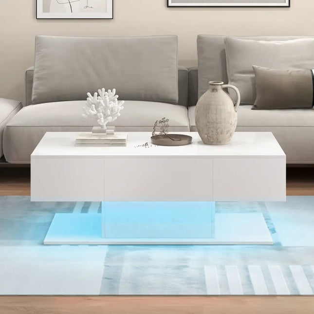 Modern LED Coffee Table with 20 Color LED Lights and 2 Storage Drawers-White - White - Coffee Tables
