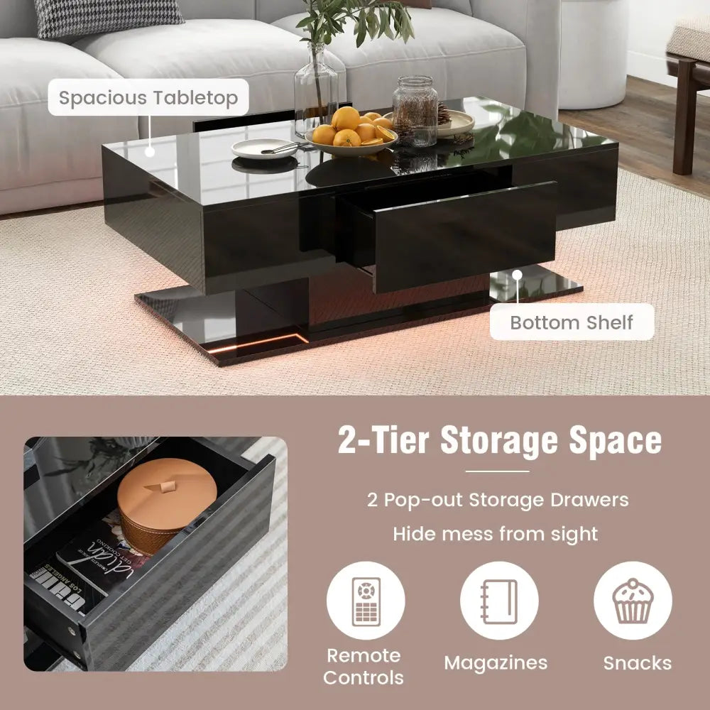 Modern LED Coffee Table with 20 Color LED Lights and 2 Storage Drawers-Black - Black - Coffee Tables