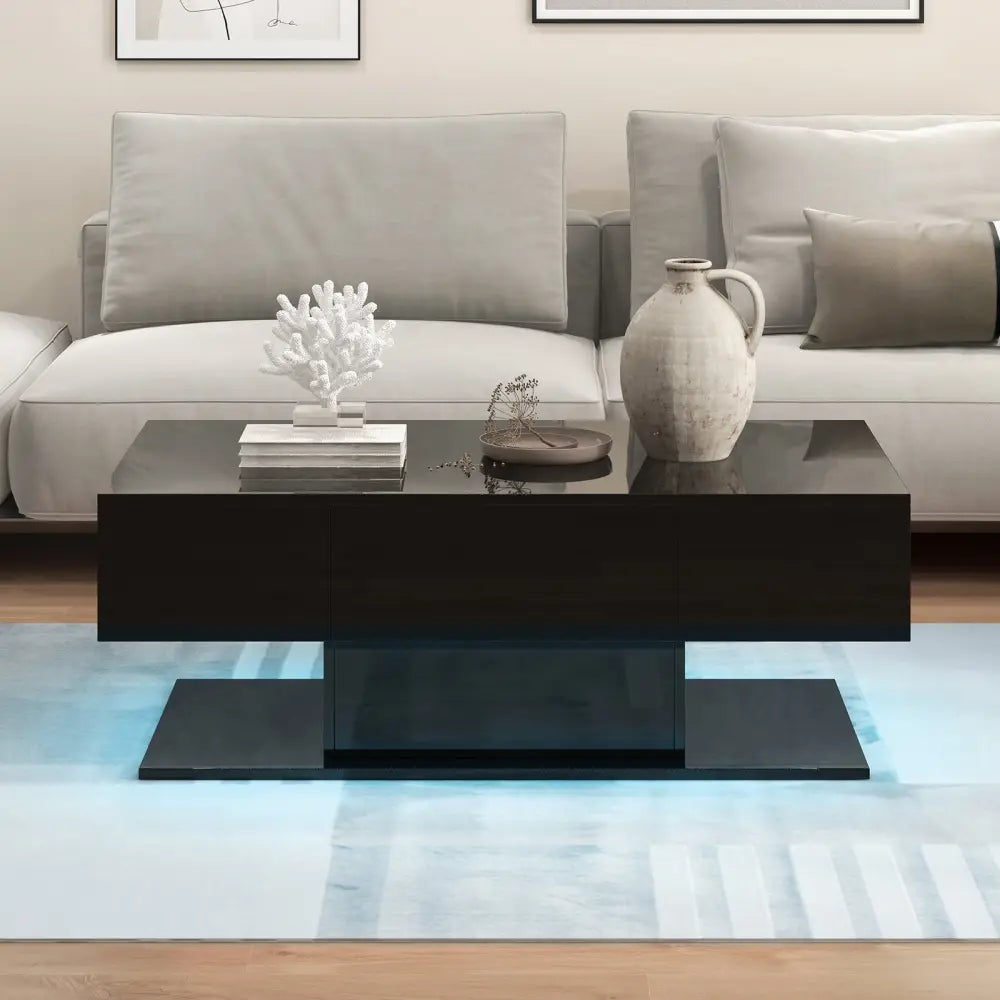 Modern LED Coffee Table with 20 Color LED Lights and 2 Storage Drawers-Black - Black - Coffee Tables