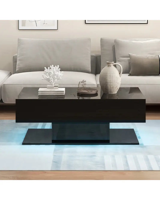 Modern LED Coffee Table with 20 Color LED Lights and 2 Storage Drawers-Black - Black - Coffee Tables