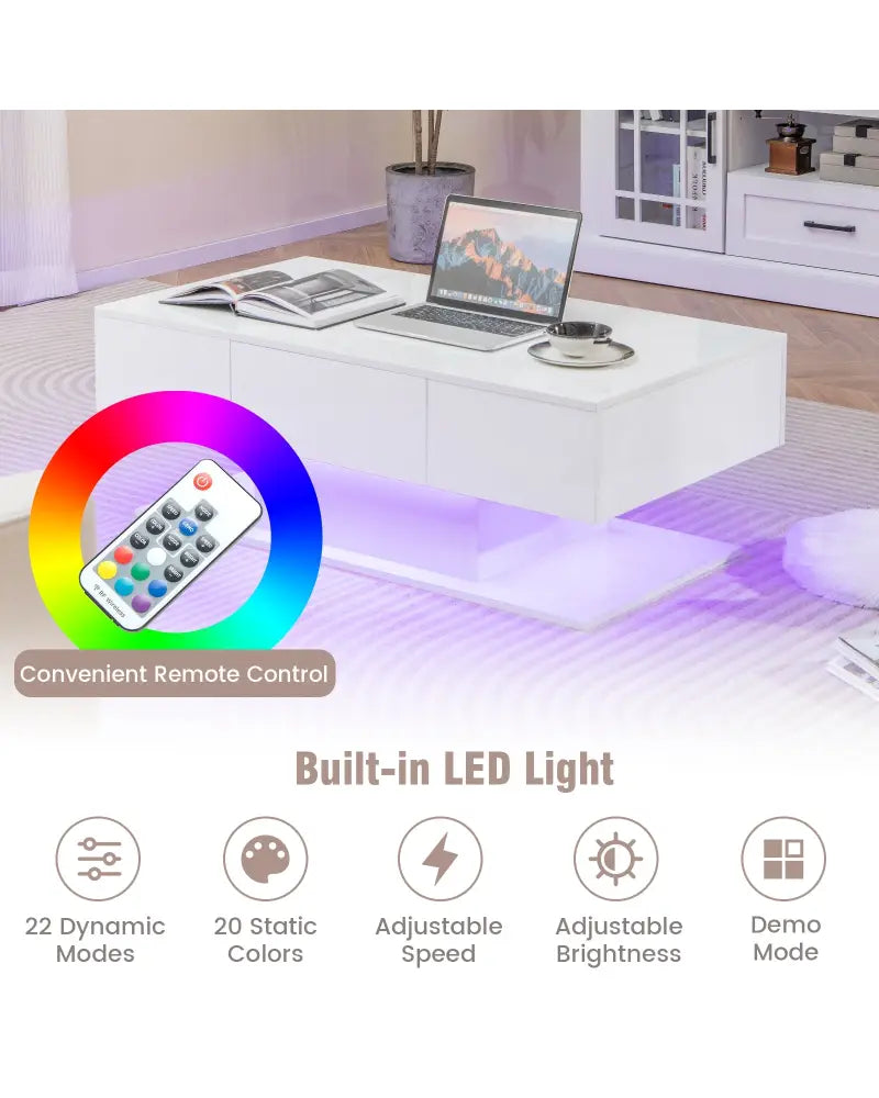 Modern LED Coffee Table with 20 Color LED Lights and 2 Storage Drawers-White - White - Coffee Tables
