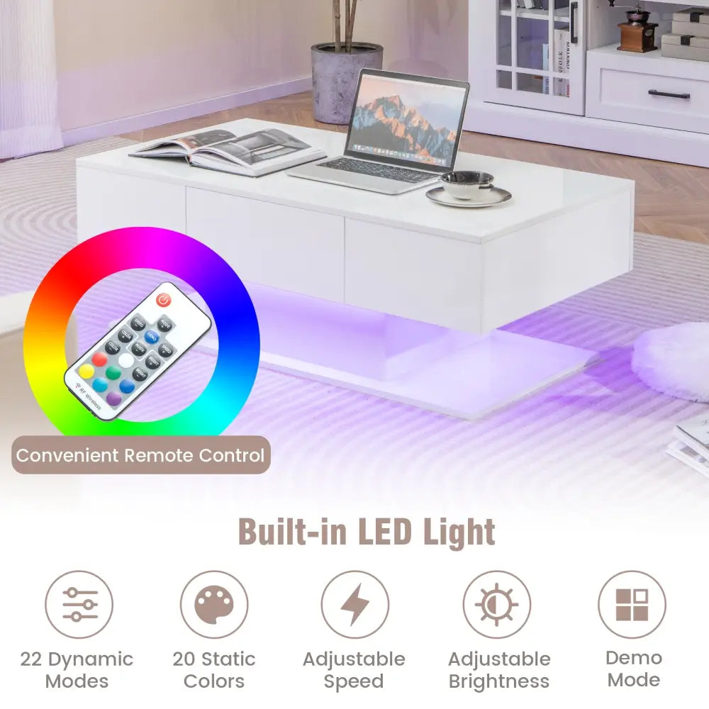 Modern LED Coffee Table with 20 Color LED Lights and 2 Storage Drawers-White - White - Coffee Tables