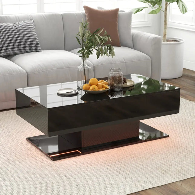 Modern LED Coffee Table with 20 Color LED Lights and 2 Storage Drawers-Black - Black - Coffee Tables