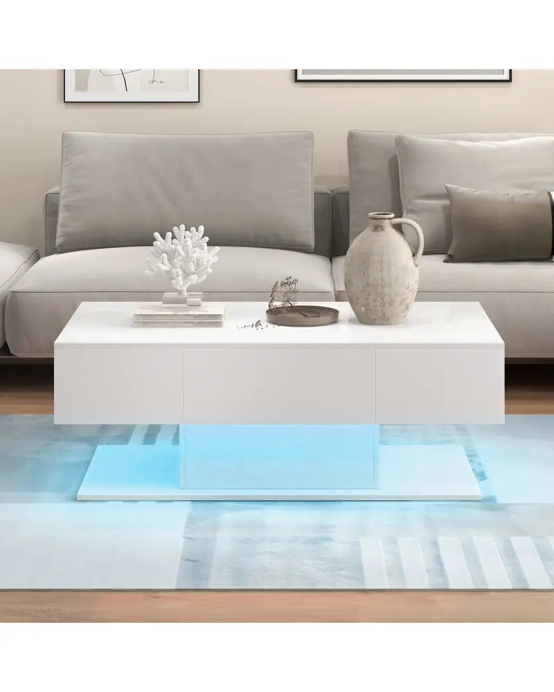 Modern LED Coffee Table with 20 Color LED Lights and 2 Storage Drawers-White - White - Coffee Tables