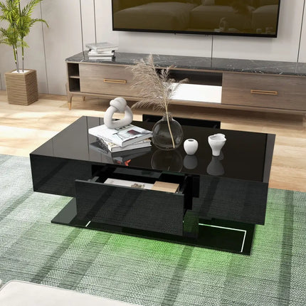 Modern LED Coffee Table with 20 Color LED Lights and 2 Storage Drawers-Black - Black - Coffee Tables