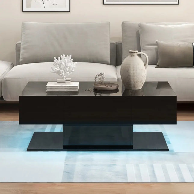 Modern LED Coffee Table with 20 Color LED Lights and 2 Storage Drawers-Black - Black - Coffee Tables