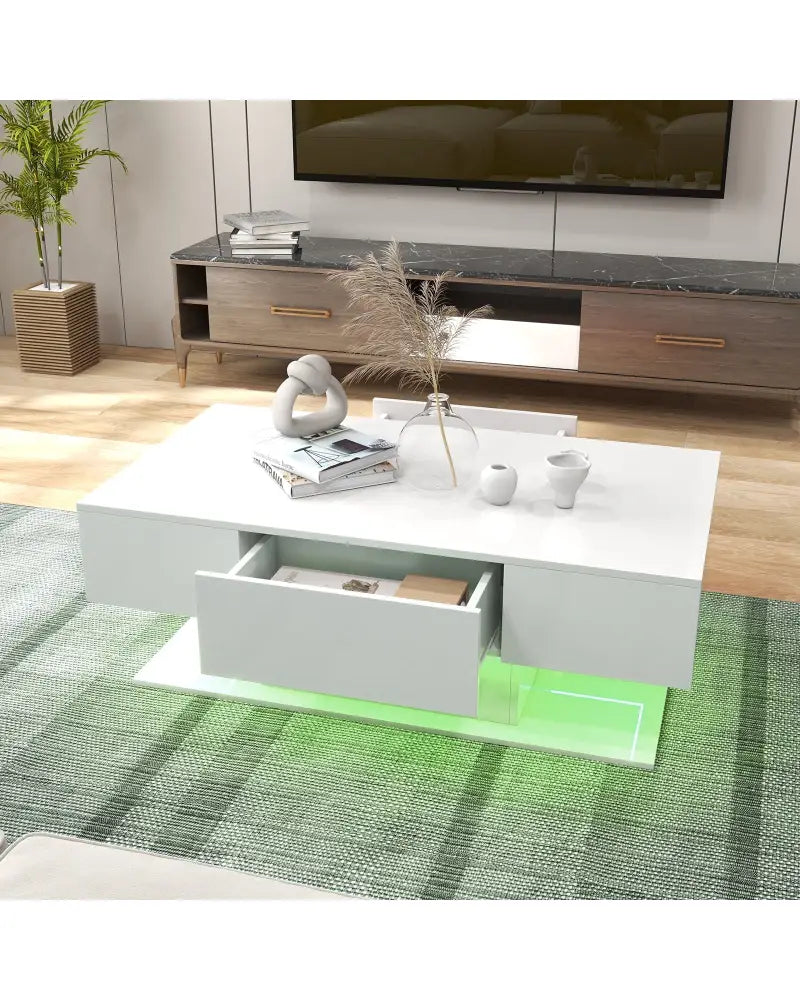 Modern LED Coffee Table with 20 Color LED Lights and 2 Storage Drawers-White - White - Coffee Tables