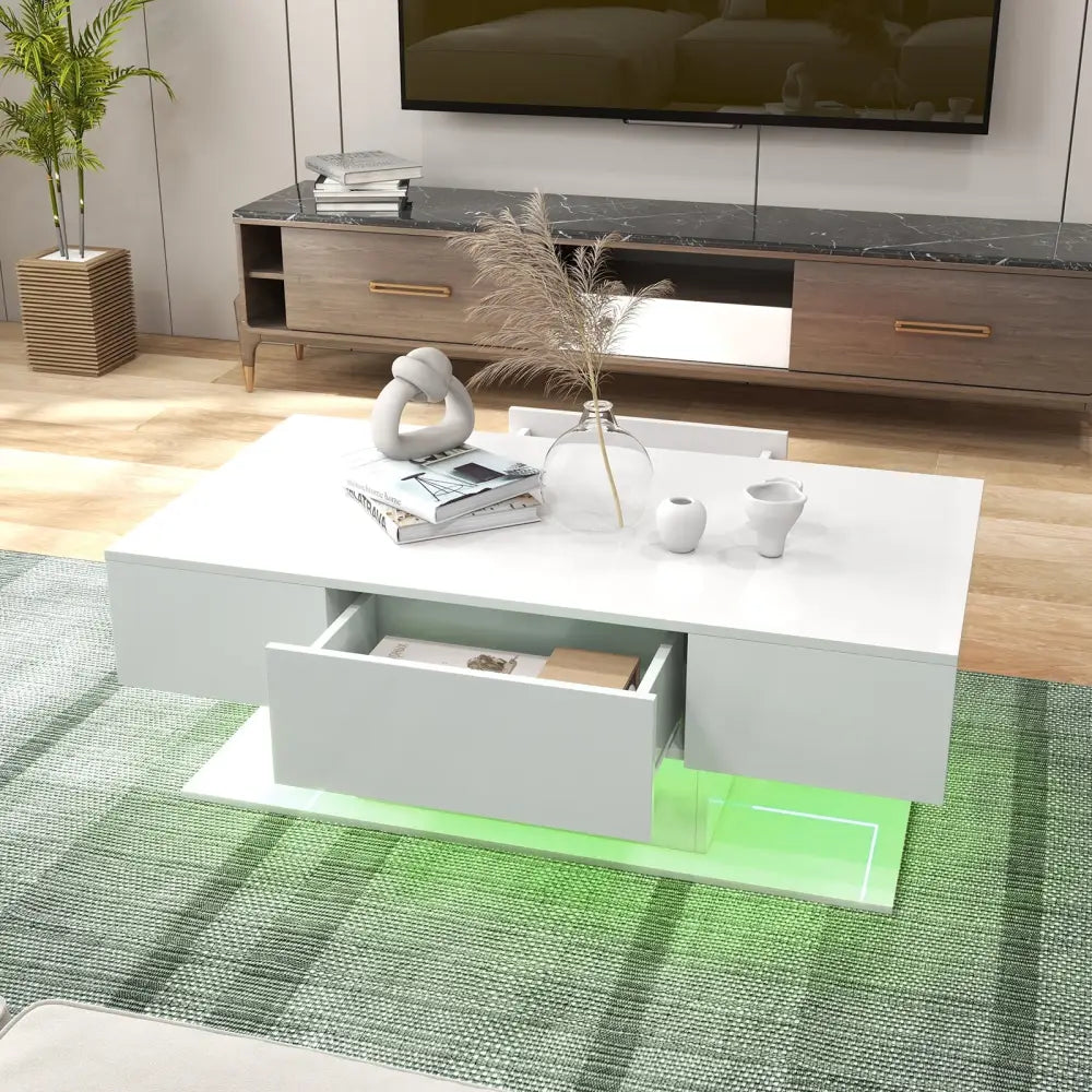 Modern LED Coffee Table with 20 Color LED Lights and 2 Storage Drawers-White - White - Coffee Tables