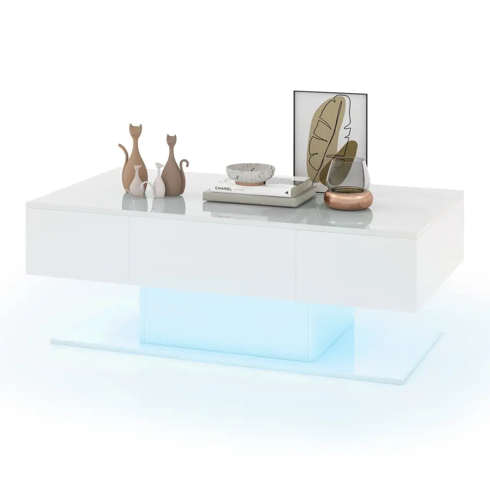 Modern LED Coffee Table with 20 Color LED Lights and 2 Storage Drawers-White - White - Coffee Tables