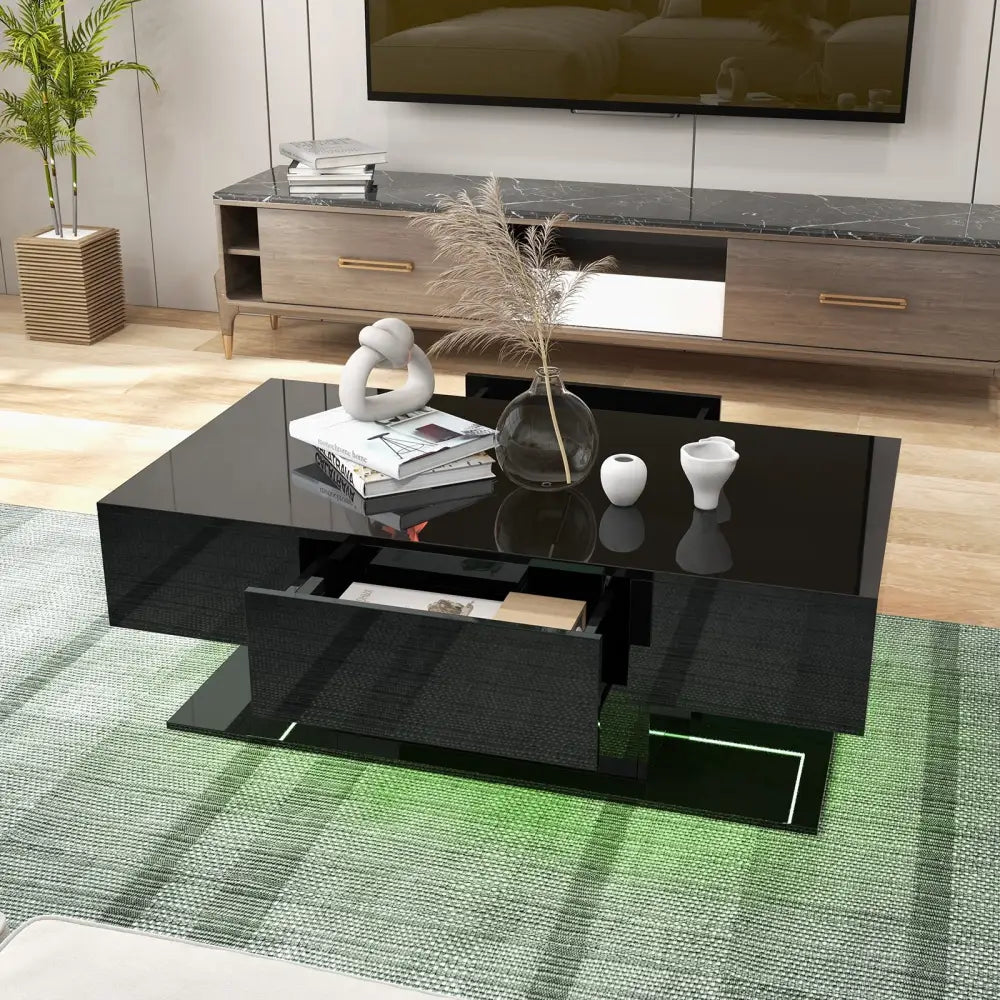 Modern LED Coffee Table with 20 Color LED Lights and 2 Storage Drawers-Black - Black - Coffee Tables