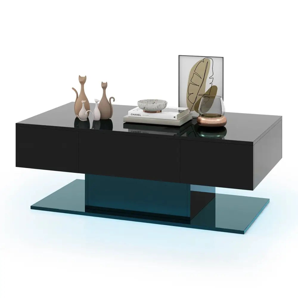 Modern LED Coffee Table with 20 Color LED Lights and 2 Storage Drawers-Black - Black - Coffee Tables