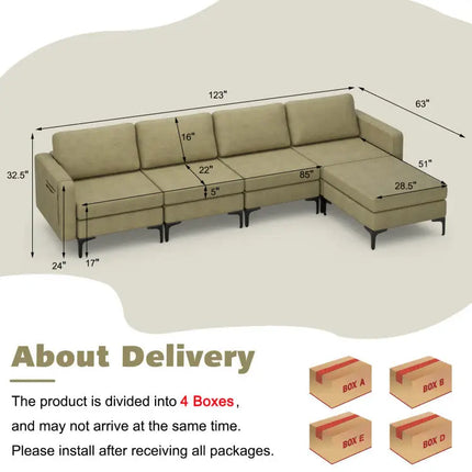 Modern Living Room Set: Modular L-shaped Sectional Sofa Lift Top Coffee Table & 3-Globe Floor Lamp - Living Room
