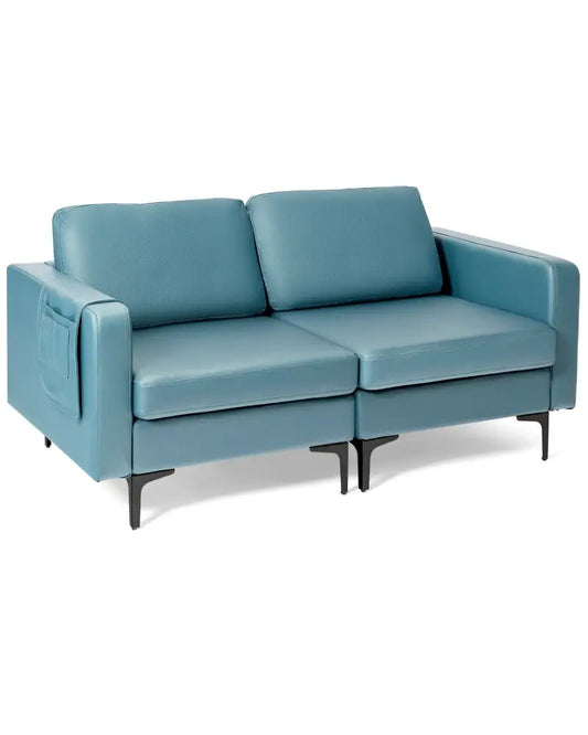Modern Loveseat Sofa Couch with Side Storage Pocket and Sponged Padded Seat Cushions-Blue - Blue - Sofas & Loveseats