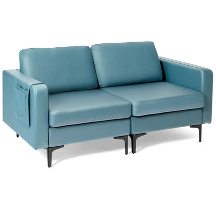 Modern Loveseat Sofa Couch with Side Storage Pocket and Sponged Padded Seat Cushions-Blue - Blue - Sofas & Loveseats