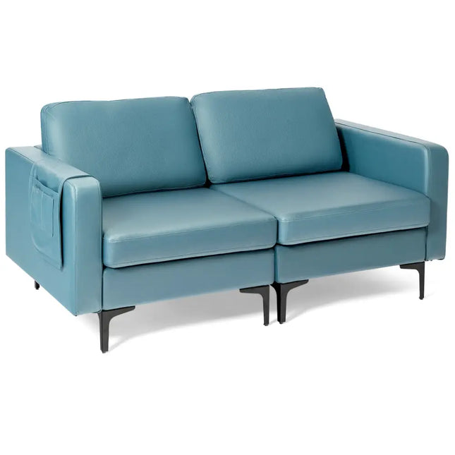 Modern Loveseat Sofa Couch with Side Storage Pocket and Sponged Padded Seat Cushions-Blue - Blue - Sofas & Loveseats