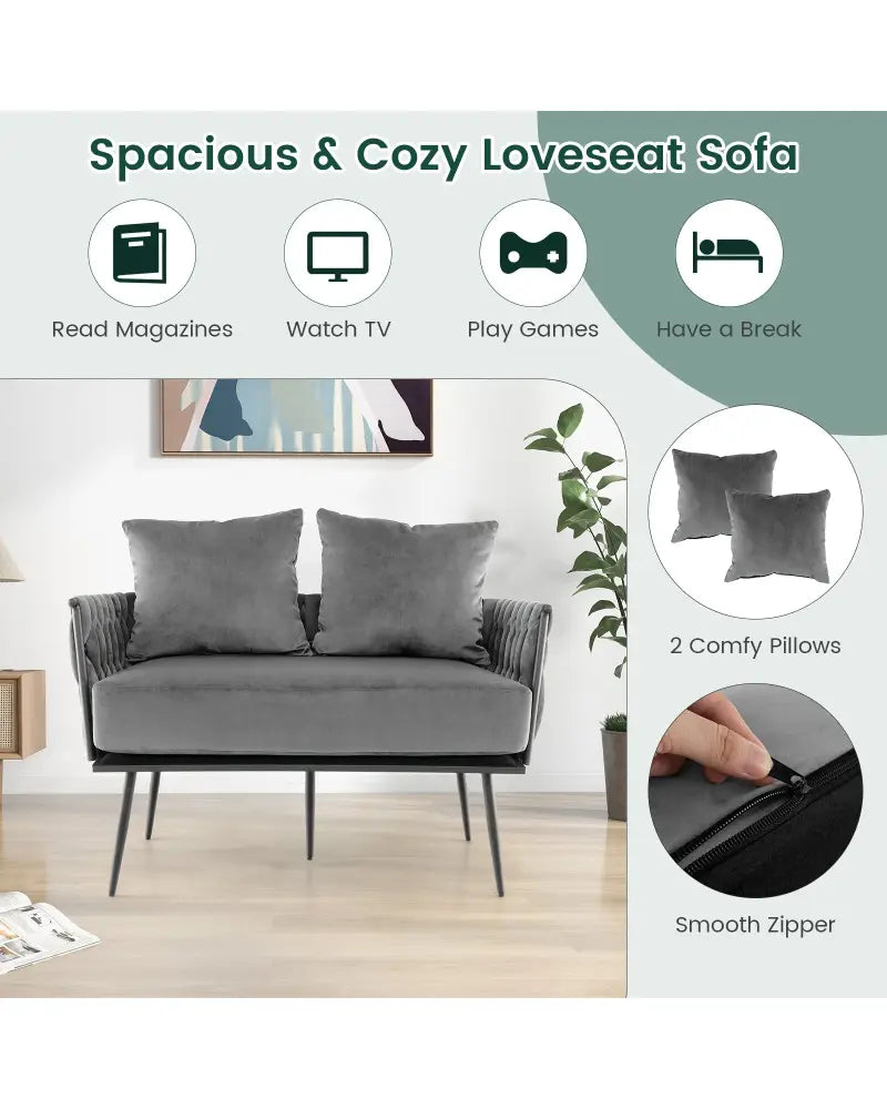 Modern Loveseat Sofa Upholstered Dutch Velvet Sofa Couch-Gray - Gray - Sofas & Loveseats
