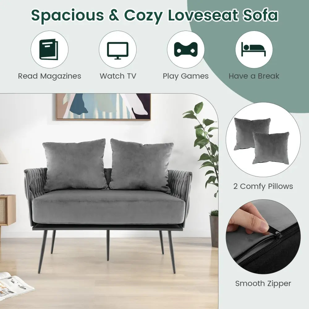 Modern Loveseat Sofa Upholstered Dutch Velvet Sofa Couch-Gray - Gray - Sofas & Loveseats