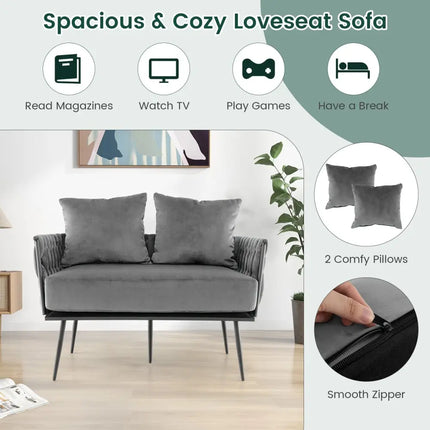 Modern Loveseat Sofa Upholstered Dutch Velvet Sofa Couch-Gray - Gray - Sofas & Loveseats