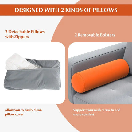 Modern Loveseat Sofa with 2 Bolsters and Side Storage Pocket-Gray - Gray - Sofas & Loveseats