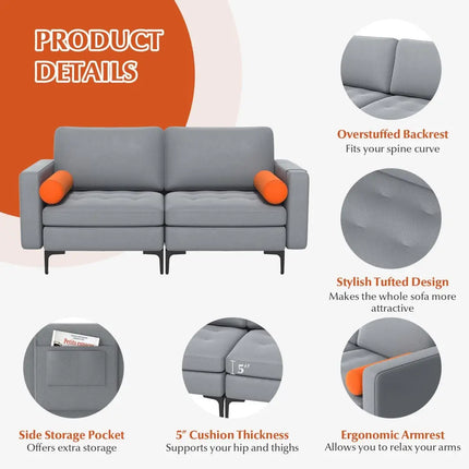 Modern Loveseat Sofa with 2 Bolsters and Side Storage Pocket-Gray - Gray - Sofas & Loveseats