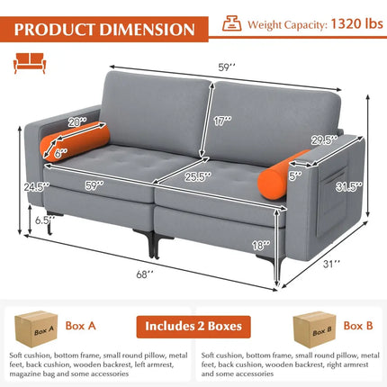 Modern Loveseat Sofa with 2 Bolsters and Side Storage Pocket-Gray - Gray - Sofas & Loveseats