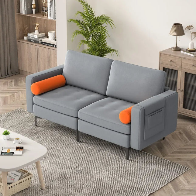 Modern Loveseat Sofa with 2 Bolsters and Side Storage Pocket-Gray - Gray - Sofas & Loveseats