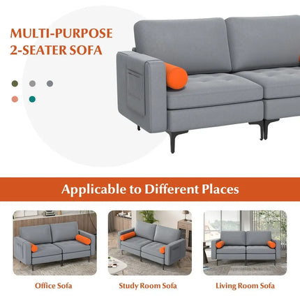 Modern Loveseat Sofa with 2 Bolsters and Side Storage Pocket-Gray - Gray - Sofas & Loveseats