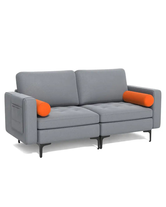 Modern Loveseat Sofa with 2 Bolsters and Side Storage Pocket-Gray - Gray - Sofas & Loveseats