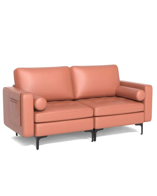 Modern Loveseat Sofa with 2 Bolsters and Side Storage Pocket-Pink - Pink - Sofas & Loveseats