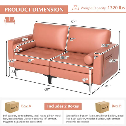 Modern Loveseat Sofa with 2 Bolsters and Side Storage Pocket-Pink - Pink - Sofas & Loveseats