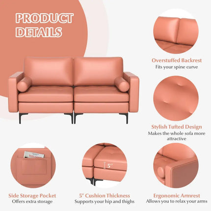 Modern Loveseat Sofa with 2 Bolsters and Side Storage Pocket-Pink - Pink - Sofas & Loveseats