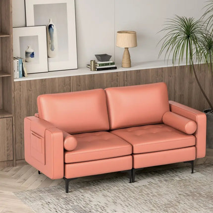 Modern Loveseat Sofa with 2 Bolsters and Side Storage Pocket-Pink - Pink - Sofas & Loveseats