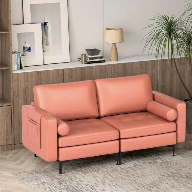 Modern Loveseat Sofa with 2 Bolsters and Side Storage Pocket-Pink - Pink - Sofas & Loveseats