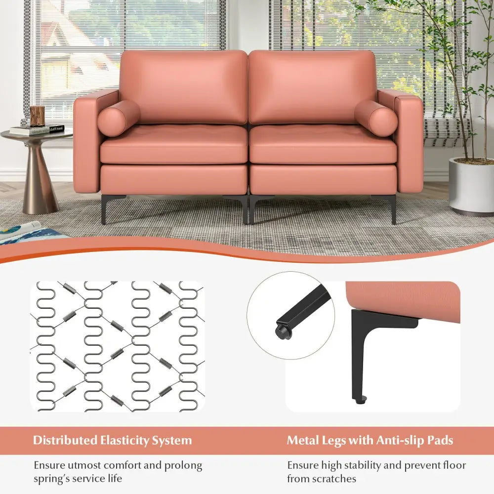 Modern Loveseat Sofa with 2 Bolsters and Side Storage Pocket-Pink - Pink - Sofas & Loveseats