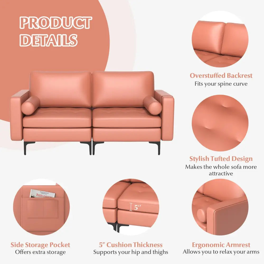 Modern Loveseat Sofa with 2 Bolsters and Side Storage Pocket-Pink - Pink - Sofas & Loveseats