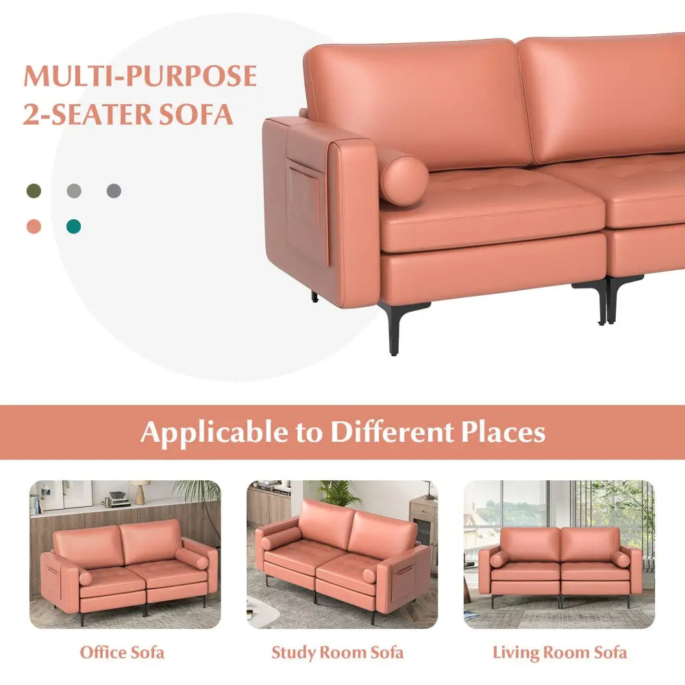 Modern Loveseat Sofa with 2 Bolsters and Side Storage Pocket-Pink - Pink - Sofas & Loveseats