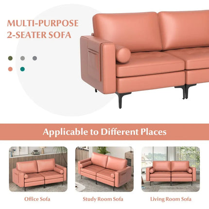 Modern Loveseat Sofa with 2 Bolsters and Side Storage Pocket-Pink - Pink - Sofas & Loveseats