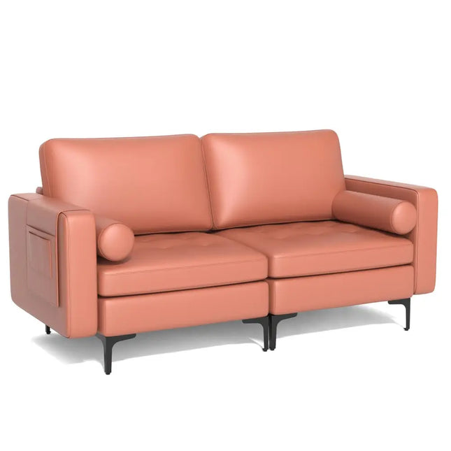 Modern Loveseat Sofa with 2 Bolsters and Side Storage Pocket-Pink - Pink - Sofas & Loveseats