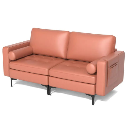 Modern Loveseat Sofa with 2 Bolsters and Side Storage Pocket-Pink - Pink - Sofas & Loveseats