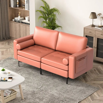 Modern Loveseat Sofa with 2 Bolsters and Side Storage Pocket-Pink - Pink - Sofas & Loveseats