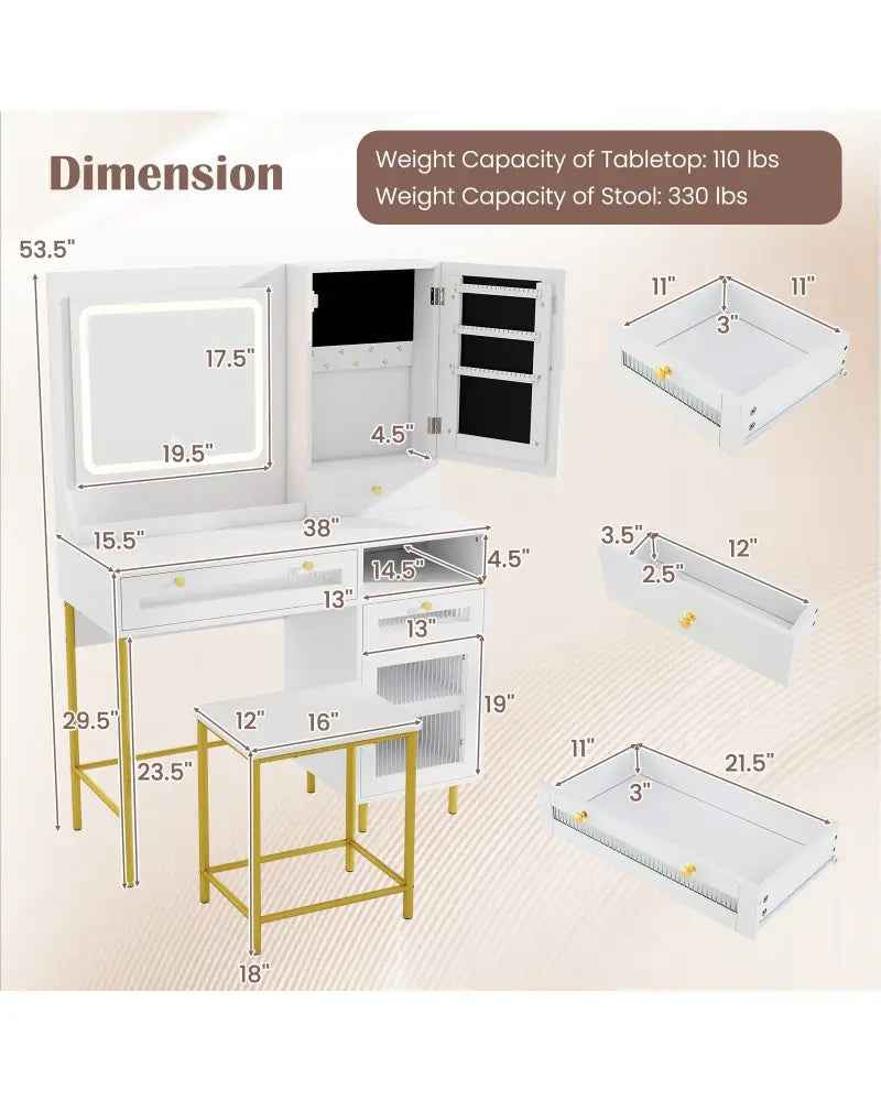 Modern Makeup Vanity Desk with Mirror and Lights and Stool Set-White - White - Makeup Vanities