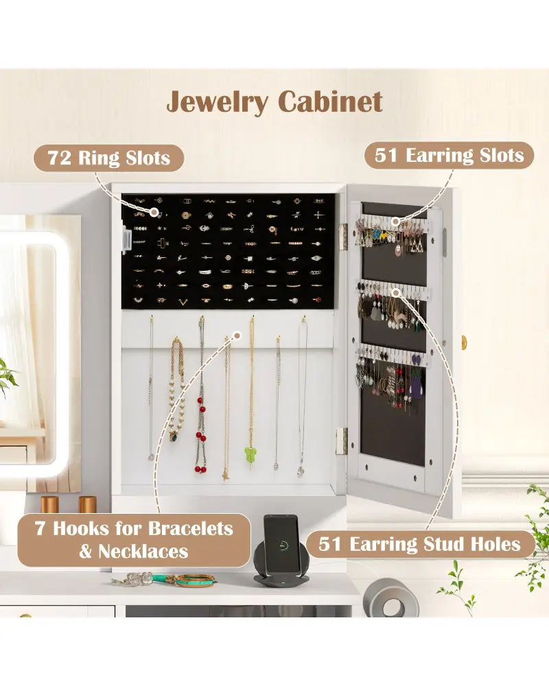 Modern Makeup Vanity Desk with Mirror and Lights and Stool Set-White - White - Makeup Vanities