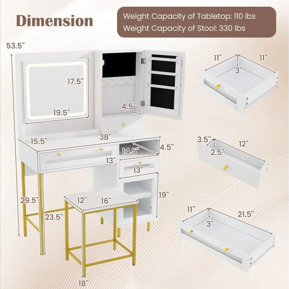 Modern Makeup Vanity Desk with Mirror and Lights and Stool Set-White - White - Makeup Vanities