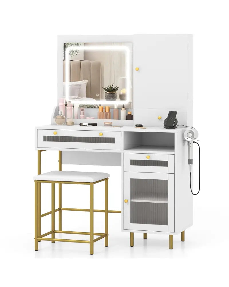 Modern Makeup Vanity Desk with Mirror and Lights and Stool Set-White - White - Makeup Vanities