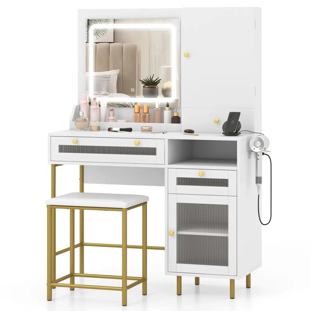 Modern Makeup Vanity Desk with Mirror and Lights and Stool Set-White - White - Makeup Vanities