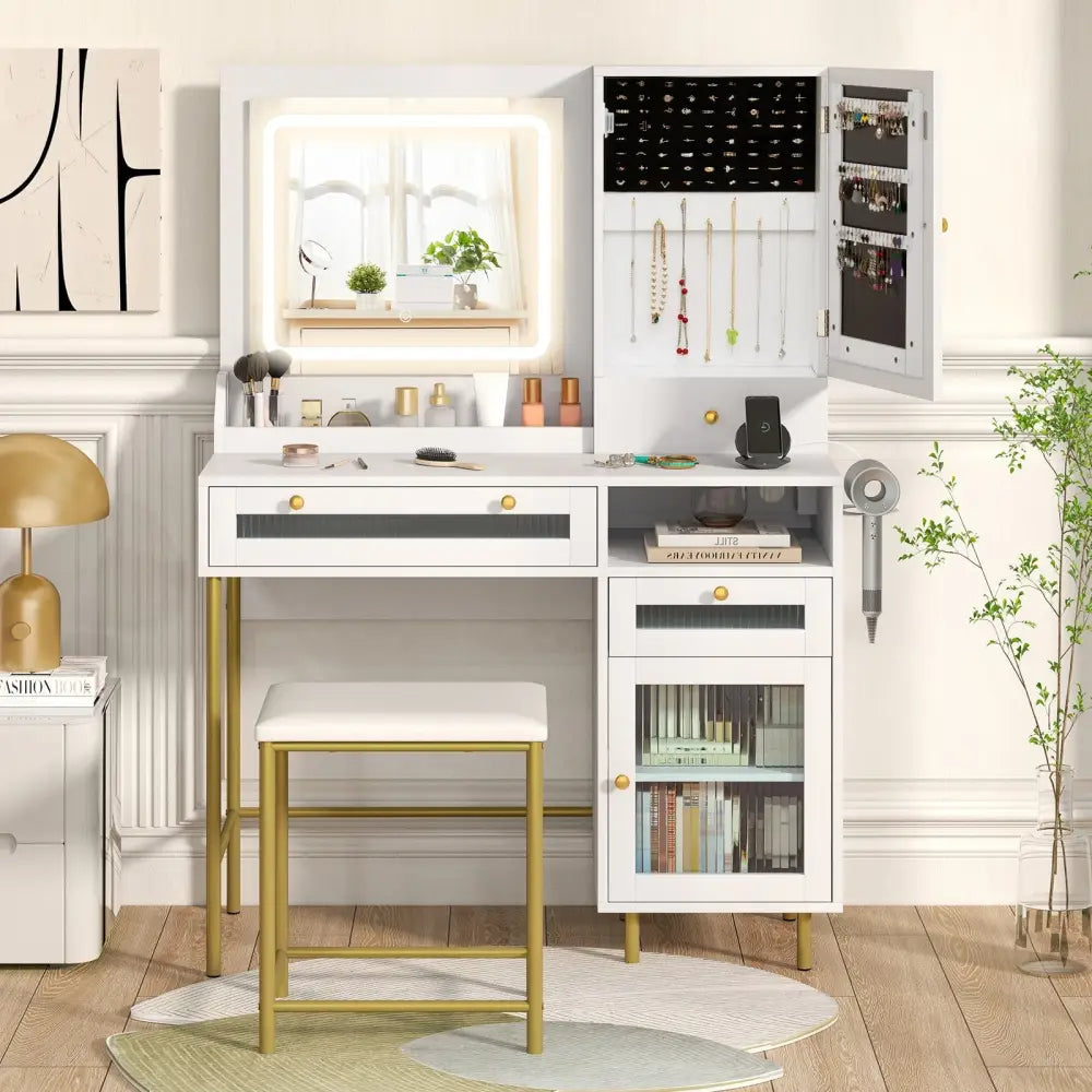 Modern Makeup Vanity Desk with Mirror and Lights and Stool Set-White - White - Makeup Vanities