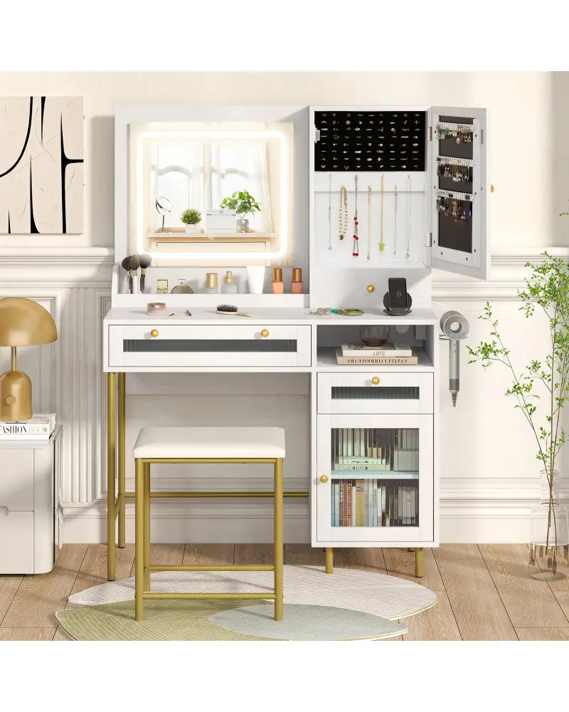 Modern Makeup Vanity Desk with Mirror and Lights and Stool Set-White - White - Makeup Vanities