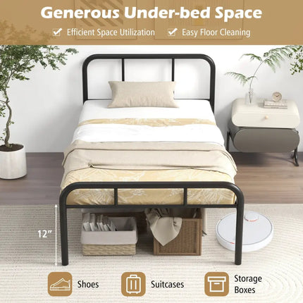 Modern Metal Platform Bed with Headboard and Footboard-Black - Black - Simple Bed Frame