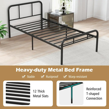 Modern Metal Platform Bed with Headboard and Footboard-Black - Black - Simple Bed Frame