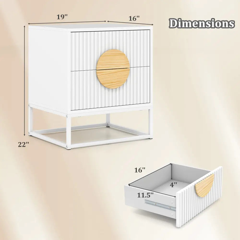 Modern Mid Century Fluted Nightstand with 2 Drawers and Pine Wood Handles for Bedroom-White - White - Nightstands